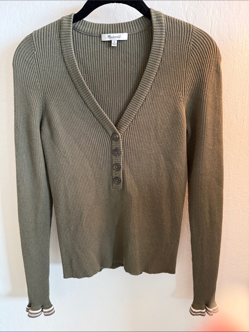 Madewell Olive Ribbed V-Neck Button Henley Sweater